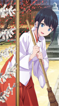 1girl :d black_hair blue_eyes broom feet_out_of_frame game_cg gridman_universe hakama hakama_skirt highres holding holding_broom japanese_clothes kosode looking_at_viewer miko official_art open_mouth outdoors red_skirt shrine skirt smile solo ssss.gridman takarada_rikka third-party_source tree