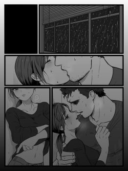 Rule 34 | 1boy, 1girl, beard stubble, black shirt, chris redfield, closed eyes, daisy mk 589, facial hair, french kiss, greyscale, highres, jill valentine, kiss, long hair, midriff, monochrome, ponytail, resident evil, saliva, shirt, stubble, sweat