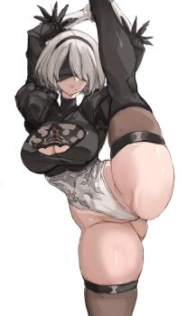 1girl 2b_(nier:automata) ass black_hairband black_thighhighs blindfold boots breasts cleavage cleavage_cutout clothing_cutout commentary covered_eyes curvy facing_viewer feather-trimmed_sleeves flexible gluteal_fold grey_hair hairband highleg highleg_leotard highres huge_ass juliet_sleeves large_breasts leotard long_sleeves mole mole_under_mouth nier:automata nier_(series) puffy_sleeves rakeemspoon shiny_skin short_hair solo split standing standing_on_one_leg standing_split thighhighs thighhighs_under_boots thighs thong_leotard white_background wide_hips