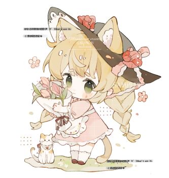 1girl animal animal_ear_fluff animal_ears apron black_hat blonde_hair blush_stickers bouquet braid brown_shoes cat cat_ears cat_girl cat_tail chibi chibi_only closed_mouth dress ears_through_headwear flower frilled_apron frilled_dress frilled_sleeves frills full_body green_eyes hat hat_flower highres holding holding_bouquet long_hair original pink_dress pink_flower pink_tulip sample_watermark shoes short_sleeves simple_background smile socks solo standing tail thick_eyebrows tulip twin_braids watermark white_apron white_background white_socks zhixiao