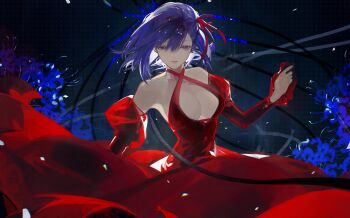 1girl absurdres alternate_costume asymmetrical_bangs backlighting bare_shoulders black_background blue_flower breasts center_opening cleavage criss-cross_halter detached_sleeves dress evening_gown fate/stay_night fate_(series) floating_clothes floating_hair floral_background flower hair_ribbon half-closed_eyes halter_dress halterneck hand_up heterochromia highres juliet_sleeves large_breasts light_particles long_dress long_sleeves looking_at_viewer matou_sakura parted_lips puffy_sleeves purple_eyes purple_hair red_dress red_eyes red_ribbon ribbon short_hair solo spider_lily ugi_144 upper_body