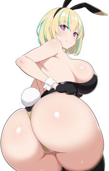 Rule 34 | 1girl, absurdres, animal ears, ass, backless leotard, bare shoulders, black gloves, black leotard, black thighhighs, blonde hair, blush, breasts, bright pupils, commentary request, commission, fake animal ears, fake tail, gloves, green hair, highres, large breasts, leotard, looking at viewer, looking back, medium hair, multicolored hair, original, partially visible vulva, playboy bunny, purple eyes, rabbit ears, rabbit tail, siguren126, simple background, skeb commission, smile, solo, streaked hair, tail, thighhighs, white background, white pupils, wrist cuffs