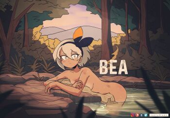 1girl absurdres artist_name ass bathing bea_(pokemon) black_bow black_hairband black_ribbon blurry blurry_foreground blush bob_cut bow brown_eyes character_name closed_mouth collarbone commentary completely_nude convenient_censoring crossed_arms dark-skinned_female dark_skin dirty dripping dusk english_commentary expressionless foliage forest hair_between_eyes hair_bow hair_ribbon hairband highres instagram_logo keetydraws leaning_forward light_blush long_bangs looking_at_viewer looking_to_the_side mountainous_horizon nature nintendo nude onsen orange_bow outdoors overcast paid_reward_available partially_submerged patreon_logo plant pokemon pokemon_swsh pond purple_sky ribbon ripples short_hair sky solo towel tree tumblr_logo turning_head twitter_logo two-tone_bow wading water wet white_hair