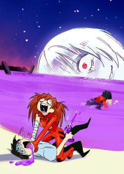 1boy 3girls @_@ angry ayanami_rei bandaged_arm bandages black_hair brown_hair bubble commentary english_commentary giant giantess grimace_shake_(meme) highres ikari_shinji katsuragi_misato lilith_(ayanami_rei) mcdonald&#039;s mecha_pilot_suit meme multiple_girls neon_genesis_evangelion parody patreon_username plugsuit_(evangelion) purple_hair scene_reference sharp_teeth snegovski souryuu_asuka_langley strangling teeth the_end_of_evangelion top-down_bottom-up turn_pale what white_hair