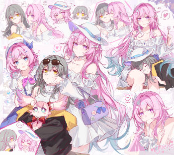 3girls ? absurdres alternate_costume bandaid bandaid_on_face bare_shoulders black_jacket bow breasts character_name chibi cleavage closed_eyes closed_mouth cyrene_(aedes_elysiae)_(honkai:_star_rail) cyrene_(honkai:_star_rail) cyrene_(ripples_of_past_reverie)_(honkai:_star_rail) dress dual_persona flying_sweatdrops grey_hair hair_bow hair_ornament hat heart highres honkai:_star_rail honkai_(series) jacket kiss kissing_cheek large_breasts long_hair long_sleeves looking_at_another medium_hair mem_(honkai:_star_rail) multiple_girls multiple_views official_alternate_costume open_clothes open_jacket pink_hair pointy_ears pout purple_eyes round_eyewear shirt simple_background smile spoken_heart spoken_question_mark star_(symbol) star_hair_ornament stelle_(honkai:_star_rail) stelle_(world_tour_2023)_(honkai:_star_rail) sun_hat sunglasses trailblazer_(honkai:_star_rail) very_long_hair white_dress white_hat white_shirt yajuu yellow_eyes yuri