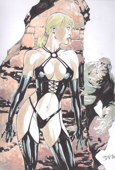 00s 1boy 1girl 2007 absurdres alternate_costume bare_shoulders black_gloves blonde_hair boots breasts capcom claudinei_ribeiro cleavage corset debilitas demento dominatrix drooling ed_benes fiona_belli garter_straps gloves hiding highleg highleg_panties highres large_breasts leather leather_gloves lipstick long_hair makeup marker_(medium) navel open_mouth panties ponytail saliva scan simple_background thigh_boots thighhighs traditional_media underwear white_background