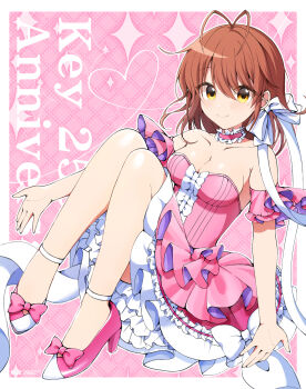 1girl a-pose alternate_costume anklet anniversary antenna_hair bare_shoulders blush border bow breasts brown_hair center_frills choker clannad cleavage closed_mouth collar collarbone commentary_request company_name dress english_text eyelashes eyes_visible_through_hair footwear_bow formal_clothes frilled_collar frilled_dress frills full_body furukawa_nagisa hair_between_eyes hair_bow hair_ribbon happy heart heart_of_string high_heels highres jewelry knees_up long_ribbon looking_at_viewer medium_breasts medium_hair no_socks on_head outside_border petticoat pink_background pink_bow pink_choker pink_dress pink_shoes ribbon shoes simple_background sitting smile solo sparkle strapless strapless_dress white_border white_bow white_ribbon xdjf63qbpt0iqmj yellow_eyes