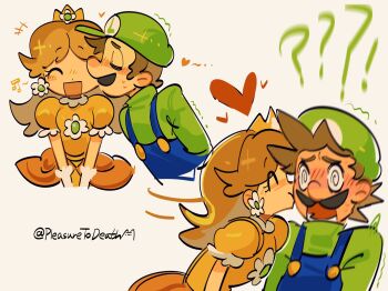 1boy 1girl ? ?? @_@ artist_name blue_overalls brown_hair closed_eyes crown dress earrings facial_hair flower_earrings flustered gloves green_hat green_shirt hat heart highres jewelry kiss kissing_cheek long_hair luigi mario_(series) mustache nintendo open_mouth orange_dress overalls pleasure2death princess_daisy puffy_short_sleeves puffy_sleeves shirt short_sleeves smile white_gloves