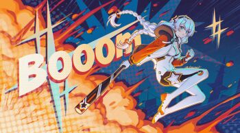 Rule 34 | 1girl, absurdres, baseball bat, black hairband, blue eyes, bodysuit, braid, braided twintails, breasts, clenched hand, commentary, english commentary, explosion, from side, hairband, highres, holding, holding baseball bat, honkai (series), honkai impact 3rd, jacket, kiana kaslana, kiana kaslana (white comet), long hair, looking at viewer, looking to the side, medium breasts, multicolored jacket, open clothes, open jacket, orange sleeves, solo, sound effects, star (symbol), star print, tsuume, white bodysuit, white hair