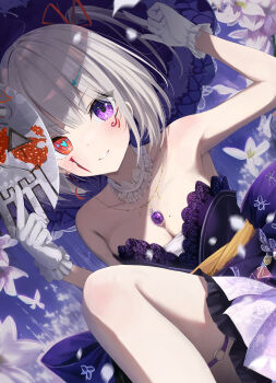 1girl absurdres arm_up armpits bow breasts cleavage commentary_request dress facial_tattoo floral_background flower frilled_gloves frills gem gloves hair_bow hair_ornament hair_ribbon hairclip heart heart_in_eye heterochromia hidulume highres holding jewelry lace lace-trimmed_dress lace_trim looking_at_viewer medium_breasts medium_hair necklace off-shoulder_dress off_shoulder original parted_lips purple_dress purple_gemstone red_tattoo ribbon smile straight_hair symbol_in_eye tattoo thigh_strap upper_body v-shaped_eyebrows white_gloves white_hair