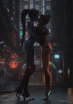 2girls arm_tattoo blue_skin bodysuit brown_hair brown_jacket building building_sand_sculpture colored_skin flower gloves goggles helmet high_heels jacket kiss multiple_girls night orange_bodysuit overwatch overwatch_1 ponytail purple_bodysuit rose sand_sculpture shoes short_hair spiked_hair tattoo tiptoes tracer_(overwatch) vgerotica widowmaker_(overwatch) yuri