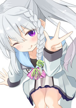Rule 34 | 1girl, 9-nine-, ;q, absurdres, blush, bow, bowtie, braid, closed mouth, commentary, dress, feet out of frame, from above, green ribbon, grey hair, hair ribbon, hakusen academy school uniform, hand up, highres, long hair, looking at viewer, miyatanpo615, niimi sora, one eye closed, pink bow, pink bowtie, pleated dress, purple eyes, ribbon, school uniform, short dress, side ponytail, sidelocks, simple background, single braid, sitting, sleeves past wrists, smile, smug, solo, tongue, tongue out, upturned eyes, v-shaped eyebrows, w, white background, white dress