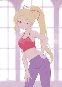 1girl absurdres blonde_hair blue_pants blurry blurry_background breasts camisole closed_mouth collarbone commentary_request commission contrapposto cropped_legs denim hair_ribbon hand_on_own_hip hand_on_own_thigh highres jeans long_hair medium_breasts mikoko1 navel one_eye_closed original pants ponytail red_camisole red_eyes red_ribbon ribbon skeb_commission smile solo window