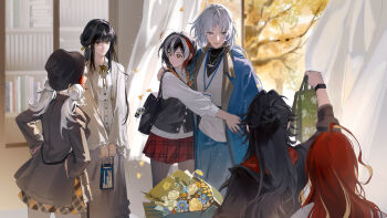 6+girls absurdres arm_up bag commentary_request cowboy_shot du_ruo_(path_to_nowhere) from_behind hands_on_own_hips highres holding holding_bag houraisan_chouko looking_at_another multiple_girls path_to_nowhere standing yanyan_(path_to_nowhere) yao_(path_to_nowhere)