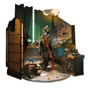 1boy 1other aak_(arknights) aak_(doctor_of_faces)_(arknights) animal_ears antique_phone arknights bag black_bag black_coat black_hair black_shoes book briefcase camera cat_boy cat_ears chandelier coat corded_phone curtains drawer drawing_(object) eyewear_on_head flying_paper full_body furry furry_male highres holding holding_phone indoors jacket kuroblood lamp long_sleeves looking_at_viewer male_focus official_alternate_costume official_art open_clothes open_coat orange_shirt paper phone photo_(object) picture_frame pillow rotary_phone round_eyewear shirt shoes short_hair solo standing suitcase sunglasses tail talking_on_phone transparent_background window