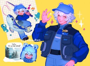 1boy :d animal_ear_headwear animal_ears bear_boy bear_ears bear_hat breast_pocket closed_eyes commentary doodle_inset double-parted_bangs english_commentary english_text fake_animal_ears fish fishing fishing_rod full_body fur_hat hand_on_own_hip hand_up hat heartopia holding holding_fishing_rod julesubeee leg_up mature_male open_mouth pocket signature smile snow solo sparkle speech_bubble teeth upper_teeth_only ushanka vanya_(heartopia) white_hair winter_clothes yellow_background