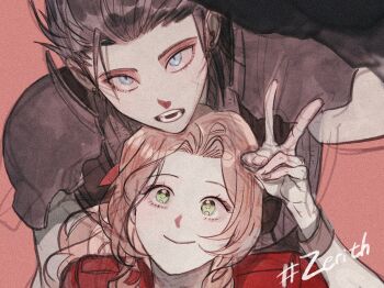 1boy 1girl aerith_gainsborough armor black_hair black_shirt blue_eyes bow bracelet braid brown_hair closed_mouth couple earrings final_fantasy final_fantasy_vii final_fantasy_vii_remake green_eyes hair_bow hand_up hetero highres jacket jewelry long_hair medium_hair nul open_mouth pauldrons red_background red_jacket scar scar_on_face selfie shirt shoulder_armor simple_background slit_pupils smile stud_earrings teeth twin_braids very_long_hair zack_fair