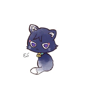 Rule 34 | aqua collar, black cat, cat, closed mouth, collar, eyeliner, eyeshadow, from behind, genshin impact, gold, gold pendant, highres, looking at viewer, looking back, makeup, no humans, puff of air, purple eyes, red eyeliner, red eyeshadow, scaramouche (cat) (genshin impact), scaramouche (genshin impact), seri (yosugaya), sitting, whiskers, white background