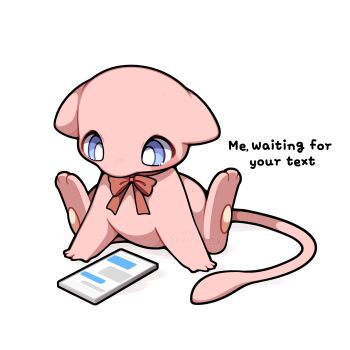absurdres blue_eyes bow cellphone english_text full_body gen_1_pokemon highres legendary_pokemon mew_(pokemon) mythical_pokemon nintendo no_humans now phone pokemon pokemon_(creature) pokemon_focus red_bow sevi_(seviyummy) simple_background sitting smartphone solo tail white_background