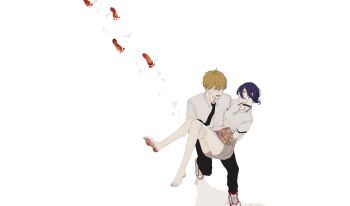 1boy 1girl barefoot black_choker black_necktie black_pants blonde_hair blood blood_on_feet carrying chainsaw_man choker collared_shirt commentary_request denji_(chainsaw_man) footprints full_body grey_shorts hair_between_eyes hair_bun hetero highres kutusitaniki long_hair_between_eyes looking_at_another necktie pants polo_shirt princess_carry purple_hair reze_(chainsaw_man) shirt short_hair shorts simple_background walking white_background white_shirt