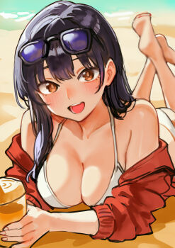 1girl absurdres barefoot beach bikini black_hair blush boku_no_kokoro_no_yabai_yatsu breasts brown_eyes commentary cup day eyewear_on_head feet feet_up highres holding holding_cup jacket large_breasts long_hair looking_at_viewer lying off_shoulder on_stomach open_clothes open_jacket open_mouth outdoors red_jacket sand seafoodisgood087 sleeves_pushed_up smile soles solo sunglasses swimsuit the_pose toes white_bikini yamada_anna