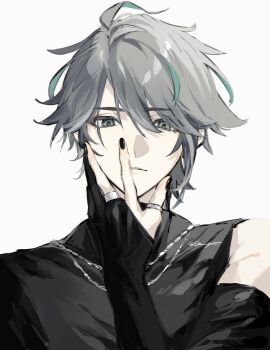 1boy absurdres alhaitham_(genshin_impact) alternate_costume aqua_hair black_gloves black_nails black_shirt genshin_impact gloves grey_background grey_hair hair_between_eyes highres jewelry looking_at_viewer male_focus multicolored_hair multiple_rings necklace partially_fingerless_gloves ring shirt sho_yai short_hair simple_background solo thumb_ring two-tone_hair