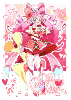 Rule 34 | 1girl, ;d, absurdres, arm warmers, bare shoulders, blue eyes, blush, boots, border, bow, brooch, character name, character signature, chest bow, choker, collarbone, colored shoe soles, commentary, crop top, cure idol, cure idol (idol heart ribbon style), detached sleeves, double-parted bangs, drill hair, earrings, english text, full body, gold hairband, hair between eyes, hair ribbon, hairband, headset, heart, heart background, heart brooch, heart earrings, heart hands, highres, idol, idol heart brooch (precure), impossible hair, jewelry, kimi to idol precure, long hair, looking at viewer, magical girl, midriff, navel, one eye closed, open mouth, outline, patterned background, pink hair, pixiv logo, pixiv username, plaid bow, plaid clothes, plaid skirt, potacure, precure, puffy detached sleeves, puffy sleeves, red choker, red ribbon, red skirt, ribbon, sakura uta (precure), single arm warmer, single earring, skirt, smile, solo, sparkle background, standing, teeth, twin drills, twitter username, twitter x logo, upper teeth only, very long hair, white arm warmers, white boots, white border, white outline, wrist cuffs, yellow wrist cuffs