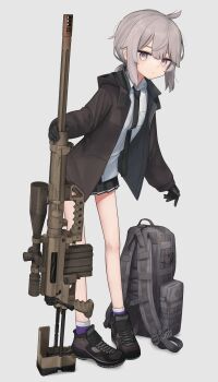 1girl absurdres backpack bag black_gloves black_necktie black_skirt bolt_action breast_pocket brown_hair brown_jacket brown_shoes cheytac_m200 closed_mouth collared_shirt commentary_request dot_mouth dress_shirt full_body girls&#039;_frontline gloves grey_background gun highres holding holding_gun holding_weapon hood hooded_jacket jacket looking_at_viewer m200_(girls&#039;_frontline) necktie open_clothes open_jacket origumi pleated_skirt pocket purple_eyes purple_socks rifle scope shirt shoes simple_background skirt sneakers sniper_rifle socks solo standing unworn_backpack unworn_bag weapon white_shirt