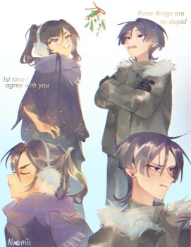 Rule 34 | 1boy, 1girl, alternate costume, aqua eyes, arms at sides, artist name, asymmetrical bangs, averting eyes, black eyes, black gloves, black hair, blunt bangs, blunt ends, closed eyes, commentary, constellation print, contemporary, crossed arms, earmuffs, earrings, english commentary, english text, eyelashes, facing to the side, fringe trim, fur-trimmed jacket, fur trim, genshin impact, gloves, green shirt, grey jacket, grey pants, hair between eyes, hair intakes, highres, jacket, jewelry, long hair, long sleeves, looking at object, looking to the side, mistletoe, mona (genshin impact), nxomii herx, open clothes, open jacket, open mouth, pants, purple eyes, purple jacket, purple scarf, purple sleeves, red lips, scaramouche (genshin impact), scarf, shirt, tsundere, tsurime, turtleneck, turtleneck shirt, twintails, undershirt, white mouth, winter clothes