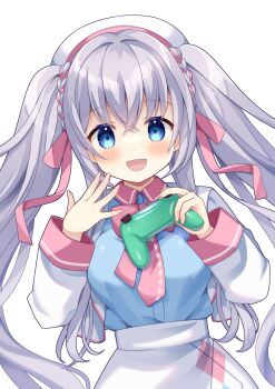 Rule 34 | 1girl, beret, blue eyes, blue shirt, bow, bowtie, collar, commentary request, commission, controller, cropped jacket, game controller, grey hair, hair ribbon, hat, highres, holding, holding controller, holding game controller, indie virtual youtuber, jacket, long hair, long sleeves, minkusu, nekozuki mio, open clothes, open jacket, open mouth, pink bow, pink bowtie, pink collar, pink ribbon, pink trim, ribbon, shirt, shirt tucked in, skeb commission, skirt, solo, twintails, virtual youtuber, white background, white hat, white jacket, white skirt