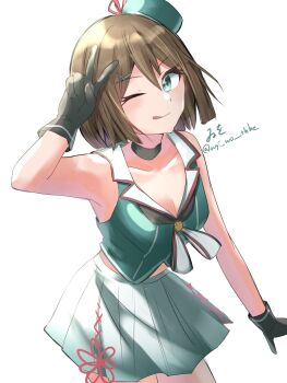 1girl aqua_hat beret black_choker black_gloves blue_eyes brown_hair character_name choker gloves gradient_clothes gradient_skirt hair_ornament hairclip hat highres kantai_collection looking_at_viewer maya_(kancolle) maya_kai_ni_(kancolle) mini_hat one-hour_drawing_challenge one_eye_closed pleated_skirt school_uniform serafuku shirt short_hair simple_background skirt sleeveless sleeveless_shirt solo twitter_username v white_background white_skirt wiwo x_hair_ornament