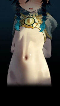 1boy :3 arms_behind_back black_hair blue_hair blush bottomless braid capelet commentary english_commentary genshin_impact gradient_hair groin highres hood hooded_capelet kani_fish lower_teeth_only multicolored_hair navel open_mouth short_hair_with_long_locks simple_background smile solo stomach teeth trap twin_braids venti_(archon)_(genshin_impact) venti_(genshin_impact)
