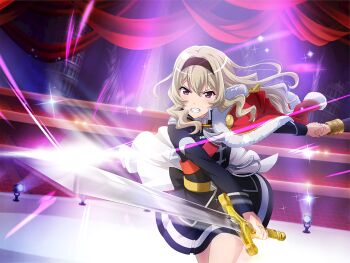 2girls black_hairband black_jacket black_skirt clenched_teeth fur-trimmed_jacket fur_trim game_cg grey_hair hairband holding holding_hands holding_sword holding_weapon jacket jacket_on_shoulders long_hair long_sleeves multiple_girls official_art purple_eyes red_jacket red_sash saijou_claudine sash shoujo_kageki_revue_starlight shoujo_kageki_revue_starlight_-re_live- sidelocks skirt solo_focus stage stage_lights standing sword teeth upper_body v-shaped_eyebrows wavy_hair weapon