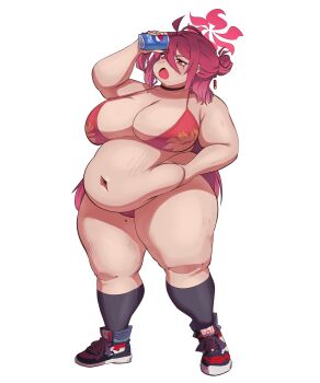 1girl ahoge belly belly_grab big_belly bikini black_choker black_socks blue_archive blush breasts can choker cleavage drink_can fat fat_woman hair_between_eyes hair_bun halo hand_on_own_stomach hitthat5050 holding holding_can huge_breasts long_hair mole mole_on_breast mole_under_eye navel open_mouth pepsi red_bikini red_eyes red_hair reijo_(blue_archive) shoes single_hair_bun sneakers socks soda soda_can solo standing swimsuit thick_thighs thighs white_background