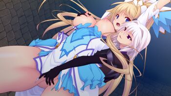 2girls arisia_hellioxenes arms_up bdsm black_gloves blonde_hair blue_dress blue_eyes blush bondage bound breasts breasts_out dress dutch_angle elbow_gloves erika_la_etienne femdom fingering game_cg gloves gluteal_fold grabbing_another&#039;s_breast grabbing_from_behind groping hair_intakes kourin_tenshi_en_ciel_rena large_breasts large_variant_set long_hair magical_girl multiple_girls nipple_stimulation nipple_tweak nipples no_bra no_panties non-web_source official_art open_mouth ponytail puffy_nipples purple_eyes reach-around saitou_natsuki short_dress short_hair suhamaya torn_clothes torn_dress variant_set very_long_hair white_hair yuri