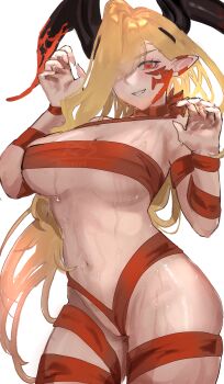 1girl absurdres blonde_hair breasts claw_pose fate/grand_order fate_(series) hair_over_one_eye highres horns long_hair medium_breasts naked_ribbon navel nero_claudius_(fate) pointy_ears queen_draco_(fate) queen_draco_(third_ascension)_(fate) red_eyes resenri ribbon scales smile solo sweat