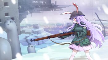 1girl 4th_lol absurdres animal_ears bandaid bandaid_on_cheek bandaid_on_face bandaid_on_nose blurry blurry_foreground chito_(shoujo_shuumatsu_ryokou) chito_(shoujo_shuumatsu_ryokou)_(cosplay) commentary commission cosplay crossover ears_through_headwear fang fang_out feet_out_of_frame from_side gun helmet highres jacket long_hair long_sleeves musket outdoors pleated_skirt profile purple_hair rabbit_ears rabbit_girl red_eyes reisen_udongein_inaba ruins shoujo_shuumatsu_ryokou skirt snow snowing solo touhou very_long_hair weapon