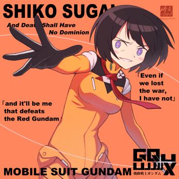 1girl artist_logo artist_name blue_eyes bodysuit character_name commentary copyright_logo copyright_name crazy_eyes english_text gundam gundam_gquuuuuux hibun_tsukasa highres logo looking_at_viewer mecha_pilot_suit necktie normal_suit_(gundam) orange_background reaching red_necktie shiiko_sugai simple_background smile solo twitter_username watermark yellow_bodysuit