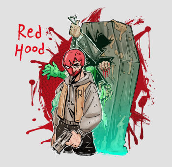 1boy batman_(series) be123be_be broken_mask coffin dc_comics drawstring grey_hoodie gun holding holding_gun holding_weapon hood hood_down hoodie jason_todd looking_at_viewer mask masked multiple_scars red_hood_(dc) red_mask scar scar_on_face superhero_costume weapon