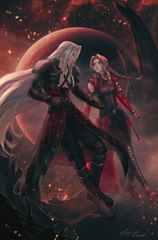 aerith_gainsborough aerith_gainsborough_(rosy_battle_suit) armor bangle black_bodysuit black_boots black_coat black_gloves black_pants bodysuit boots bracelet braid braided_ponytail breasts cape chest_strap choker coat dated detached_sleeves final_fantasy final_fantasy_vii final_fantasy_vii:_ever_crisis fingerless_gloves floating flower_choker full_body gloves green_eyes highres jewelry kay-i long_bangs long_hair medium_breasts official_alternate_costume pants parted_bangs pauldrons red_cape red_gloves red_sleeves sephiroth sephiroth_(corruptor_of_the_planet) shoulder_armor sidelocks single_braid space thigh_boots twitter_username waist_cape