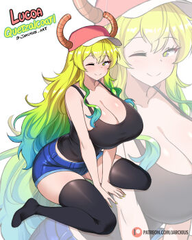 1girl artist_name baseball_cap black_camisole black_thighhighs blonde_hair breasts camisole character_name cleavage closed_mouth denim denim_shorts dragon_girl dragon_horns full_body gradient_hair hat horns huge_breasts jarckius kobayashi-san_chi_no_maidragon large_breasts looking_at_viewer lucoa_(maidragon) multicolored_hair multiple_girls one_eye_closed shorts simple_background sitting slit_pupils smile thighhighs wariza white_background yellow_eyes