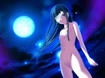 1girl black_hair breasts completely_nude eyepatch full_moon game_cg isojima_sayaka long_hair looking_at_viewer m&amp;m_(mickey_and_mackey) moon natsukami navel night nipples nude one_eye_covered red_eyes small_breasts standing