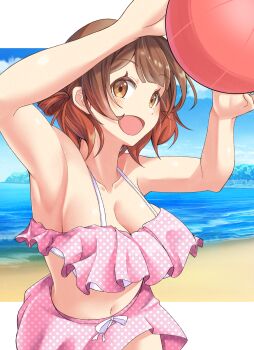 1girl armpits arms_up ball beachball bikini blush breasts brown_eyes brown_hair cleavage collarbone commentary_request gakuen_idolmaster gradient_hair gtmt_heaven hair_between_eyes hanami_ume highres holding holding_ball holding_beachball idolmaster large_breasts long_hair looking_at_viewer medium_hair multicolored_hair navel open_mouth orange_hair pink_bikini polka_dot polka_dot_bikini solo stomach swimsuit