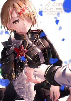 Rule 34 | 22 zefar, 2girls, absurdres, aiguillette, black jacket, blonde hair, closed mouth, earrings, epaulettes, flower, gloves, hair over one eye, heaven burns red, highres, holding hands, izumi yuki (heaven burns red), jacket, jewelry, kayamori ruka, long sleeves, looking at viewer, multiple girls, petals, red eyes, short hair, shorts, smile, solo focus, white background, white gloves