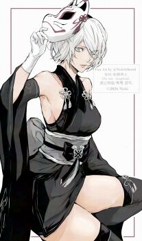 1girl 2b_(nier:automata) armpit_peek bare_shoulders black_kimono black_thighhighs blue_eyes breasts commentary detached_sleeves english_commentary fox_mask gloves goddess_of_victory:_nikke grey_eyes grey_sash hair_over_one_eye hand_up highres holding holding_mask japanese_clothes kimono looking_at_viewer mask medium_breasts mole mole_under_mouth nier:automata nier_(series) nishiii26miii obi official_alternate_costume sash short_hair short_kimono simple_background solo thighhighs thighs white_background white_gloves
