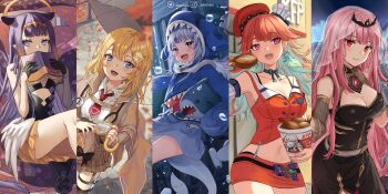blue_eyes blush breasts cleavage colored_inner_hair comiket_103 gawr_gura gawr_gura_(1st_costume) highres hololive hololive_english large_breasts long_hair mori_calliope mori_calliope_(1st_costume) multicolored_hair multiple_girls ninomae_ina&#039;nis open_mouth pink_hair smile streaked_hair tail takanashi_kiara takanashi_kiara_(1st_costume) ten-chan_(eternal_s) virtual_youtuber watson_amelia watson_amelia_(1st_costume)
