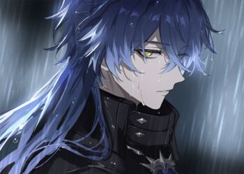 1boy black_coat blue_hair coat flins_(genshin_impact) fractalmagnolia from_side genshin_impact hair_between_eyes highres long_hair looking_at_viewer male_focus profile rain solo upper_body wet wet_hair yellow_eyes