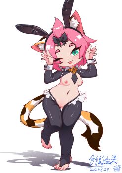 1girl ;p absurdres alternate_costume animal_ear_fluff animal_ear_hairband animal_ears bangs_pinned_back barefoot black_hiphighs black_shrug blush breasts bridal_legwear cat_ears cat_girl cat_tail collared_shrug dated diona_(genshin_impact) fake_animal_ears forehead frontless_outfit full_body genshin_impact gluteal_fold green_eyes hairband highres hiphighs huanchuang10772 looking_at_viewer multicolored_tail nail_polish navel nipples nontraditional_playboy_bunny one_eye_closed paw_pose pink_hair pussy rabbit_ear_hairband rabbit_ears reverse_bunnysuit reverse_outfit short_hair shrug_(clothing) signature small_breasts smile solo tail thick_eyebrows thigh_gap toenail_polish toenails tongue tongue_out uncensored white_background wrist_cuffs