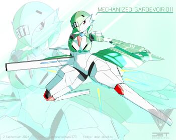 1girl arm_up artist_name blue_background bob_cut breasts character_name closed_mouth colored_skin dated english_text female_focus full_body gardevoir gen_3_pokemon green_hair green_skin hair_over_one_eye highres holding holding_weapon humanoid_robot jet_doodling joints looking_to_the_side mechanization medium_breasts multicolored_skin nintendo number_tattoo one_eye_covered outstretched_arm pokemon pokemon_(creature) railgun red_eyes robot robot_joints short_hair signature solo tattoo twitter_username two-tone_skin watermark weapon white_skin youtube_username zoom_layer