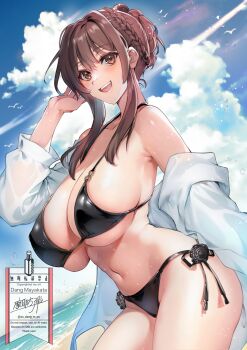 1girl bikini black_bikini black_flower black_rose breasts brown_eyes brown_hair cleavage collarbone commentary_request commission covered_erect_nipples cowboy_shot dutch_angle flower flower_bikini from_side highres huge_breasts leaning_forward long_hair long_sleeves looking_at_viewer navel open_clothes open_mouth open_shirt original paid_reward_available rose sagging_breasts shirt side-tie_bikini_bottom skeb_commission solo swimsuit takayama_dan teeth upper_teeth_only white_shirt